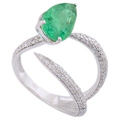 Sambia Smaragd Edelstein Ring Diamant Pave 18 Karat Weißgold Handmade Schmuck