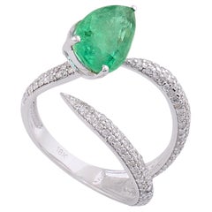 Zambian Emerald Gemstone Ring Diamond Pave 18 Karat White Gold Handmade Jewelry