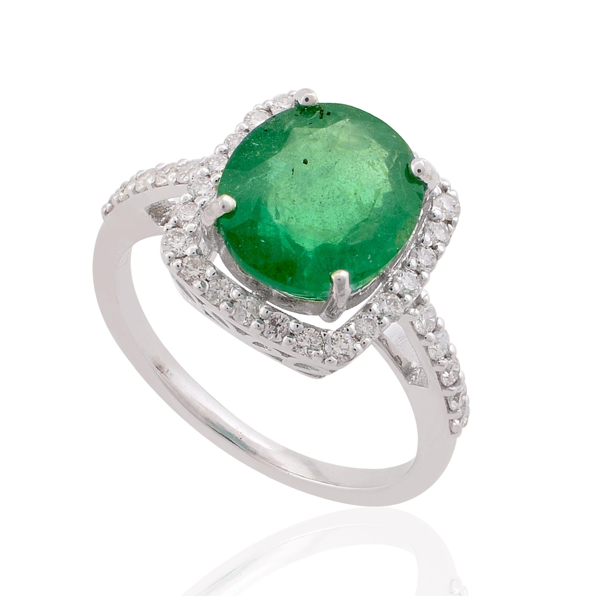 Modern Natural Emerald Gemstone Ring Diamond Solid 10 Karat White Gold Handmade Jewelry For Sale