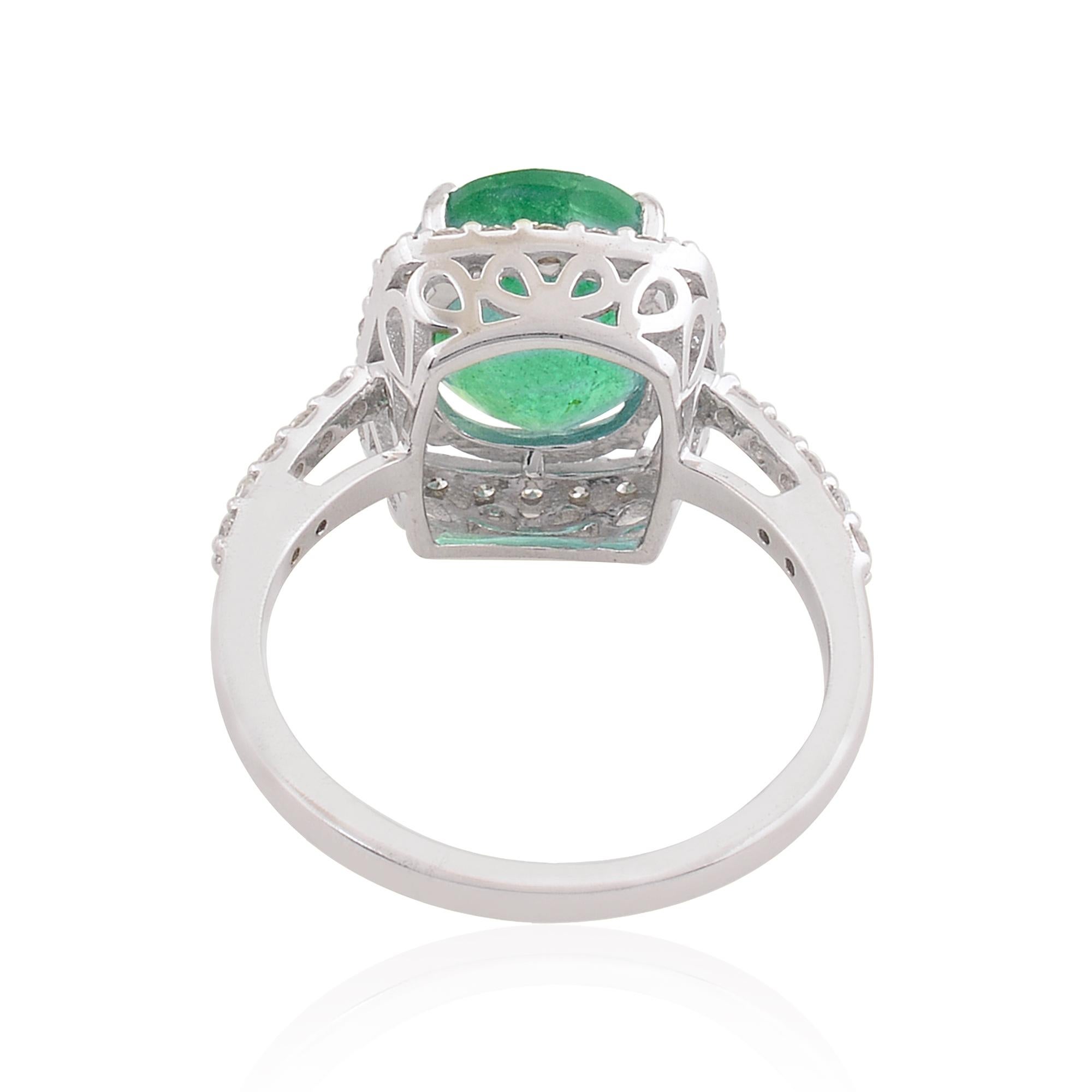 Round Cut Natural Emerald Gemstone Ring Diamond Solid 10 Karat White Gold Handmade Jewelry For Sale