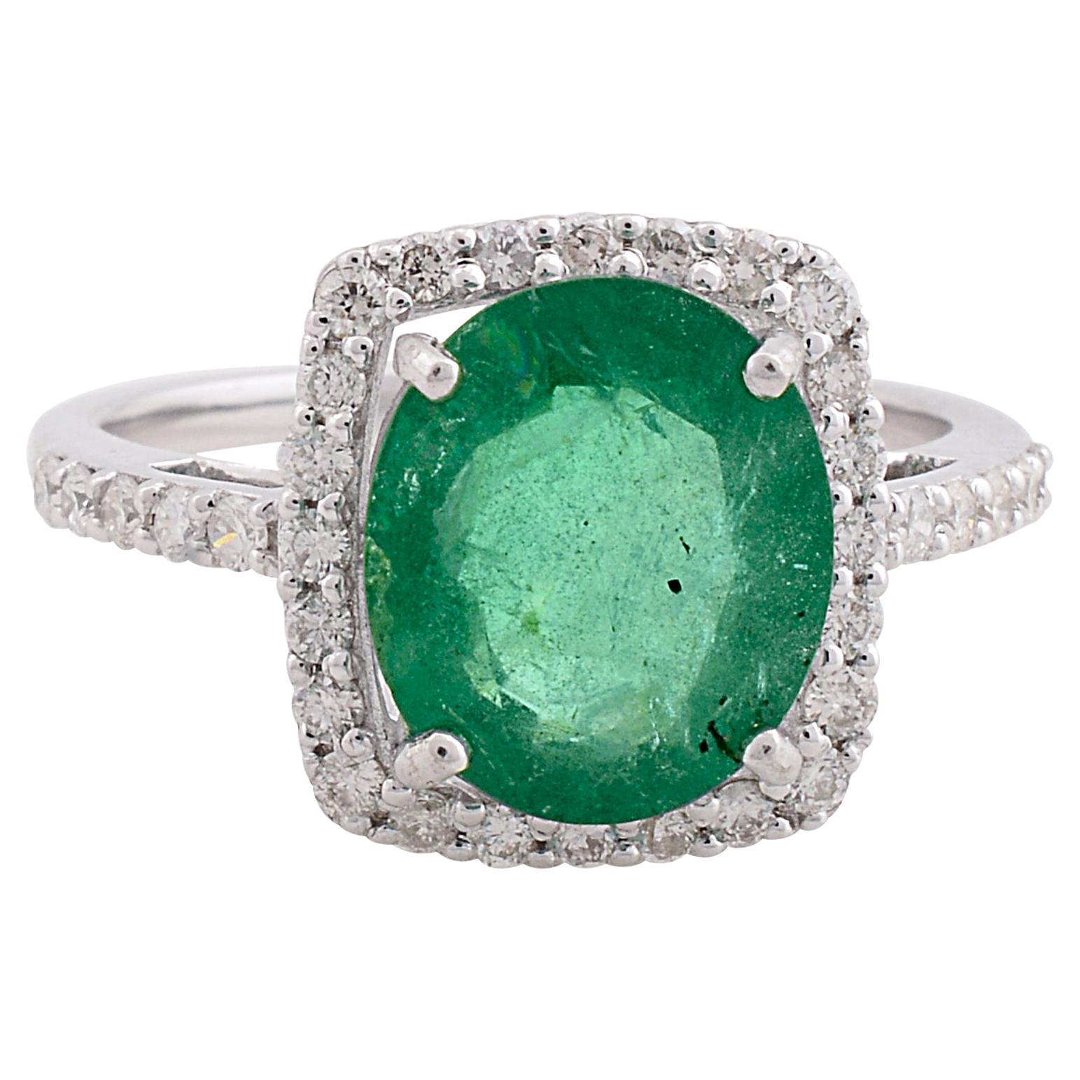 Natural Emerald Gemstone Ring Diamond Solid 10 Karat White Gold Handmade Jewelry For Sale