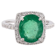 Natural Emerald Gemstone Ring Diamond Solid 10 Karat White Gold Handmade Jewelry