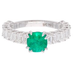 Natural Emerald Gemstone Ring Emerald Cut Diamond 18 Karat White Gold Jewelry