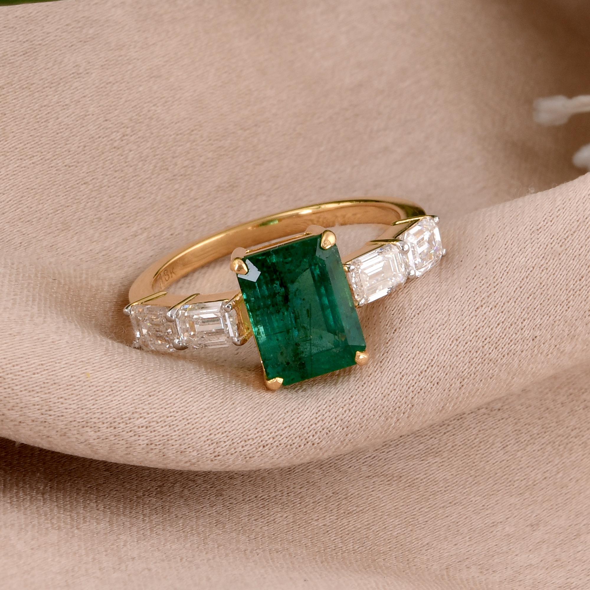 Modern Zambian Emerald Gemstone Ring Emerald Cut Diamond 18 Karat Yellow Gold Jewelry For Sale