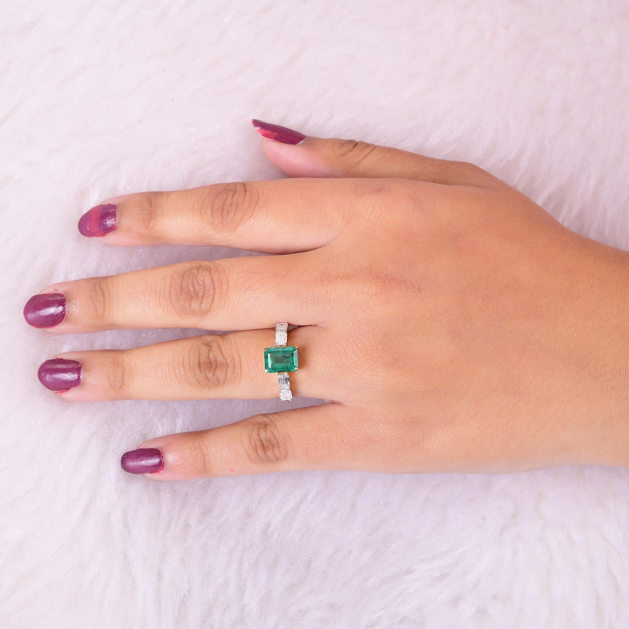 Women's Zambian Emerald Gemstone Ring Emerald Cut Diamond 18 Karat Yellow Gold Jewelry For Sale