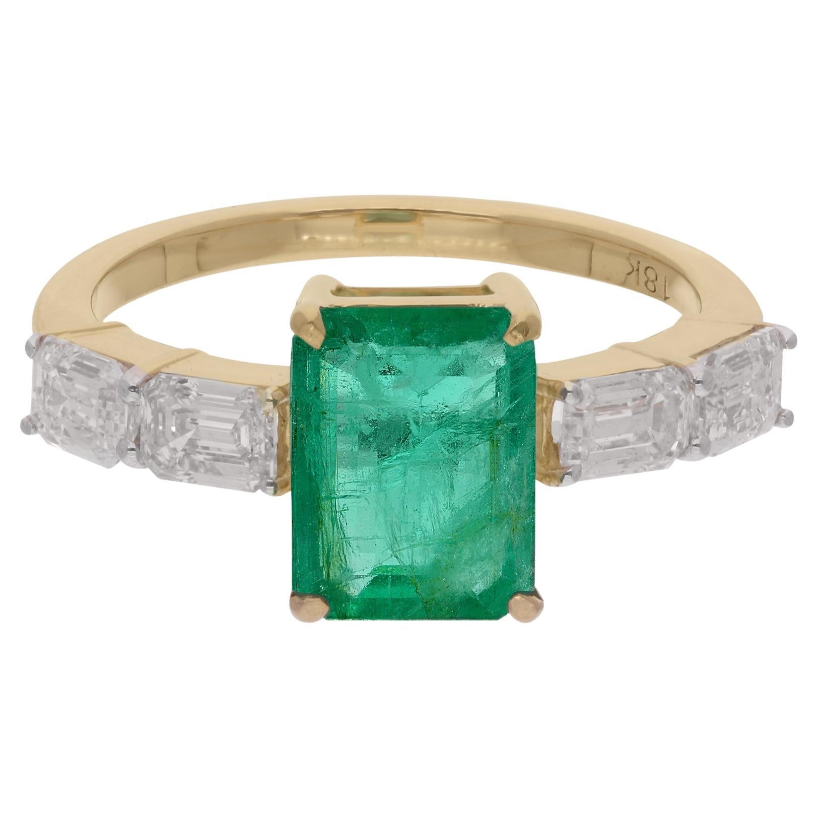 Zambian Emerald Gemstone Ring Emerald Cut Diamond 18 Karat Yellow Gold Jewelry