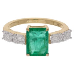 Zambian Emerald Gemstone Ring Emerald Cut Diamond 18 Karat Yellow Gold Jewelry