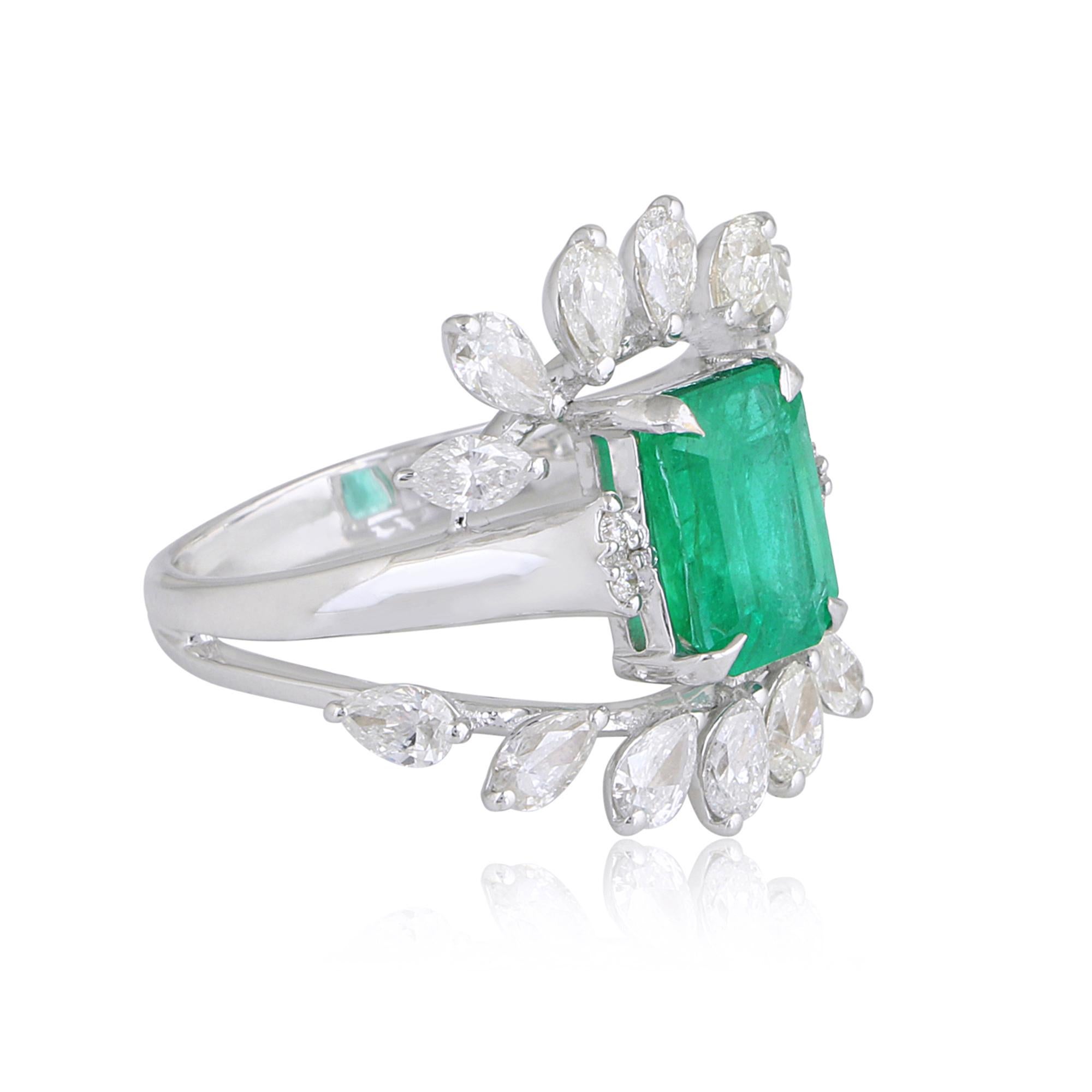 Modern Zambian Emerald Gemstone Ring Pear Diamond 18 Karat White Gold Handmade Jewelry For Sale