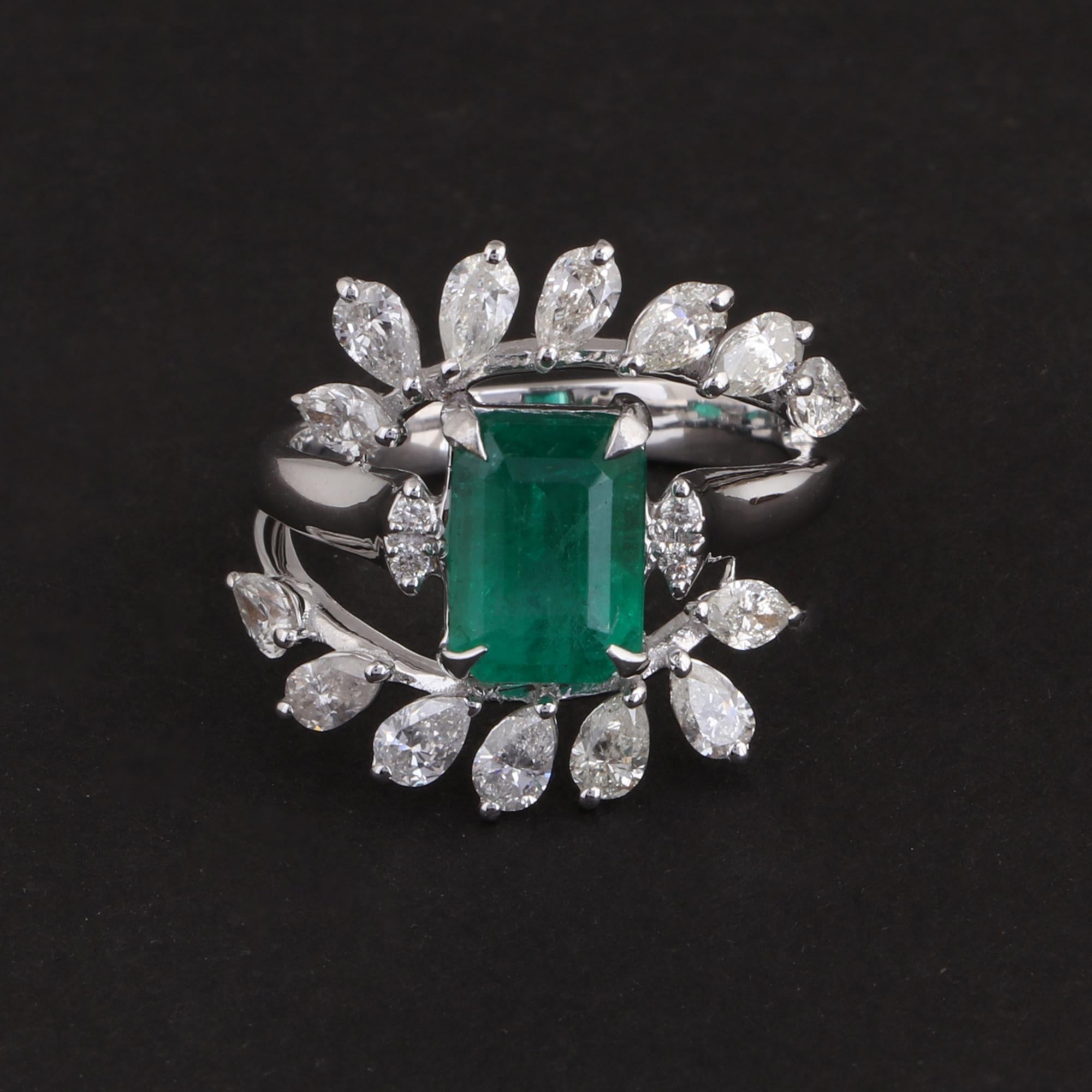 Emerald Cut Zambian Emerald Gemstone Ring Pear Diamond 18 Karat White Gold Handmade Jewelry For Sale