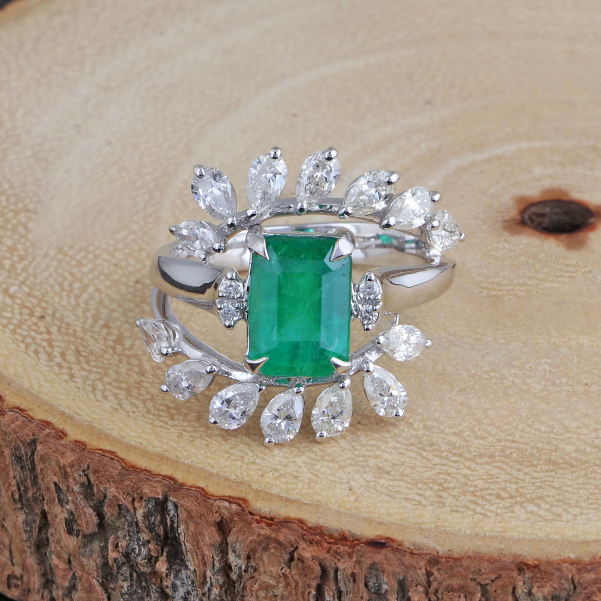 Women's Zambian Emerald Gemstone Ring Pear Diamond 18 Karat White Gold Handmade Jewelry For Sale