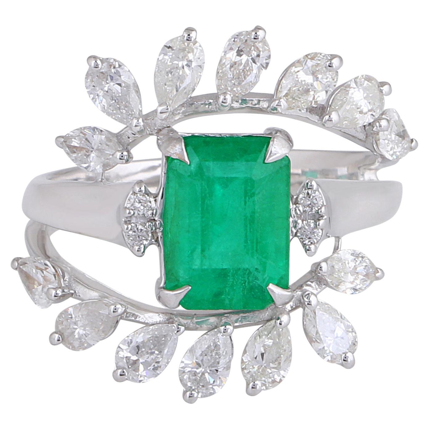 Zambian Emerald Gemstone Ring Pear Diamond 18 Karat White Gold Handmade Jewelry For Sale