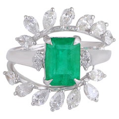 Zambian Emerald Gemstone Ring Pear Diamond 18 Karat White Gold Handmade Jewelry