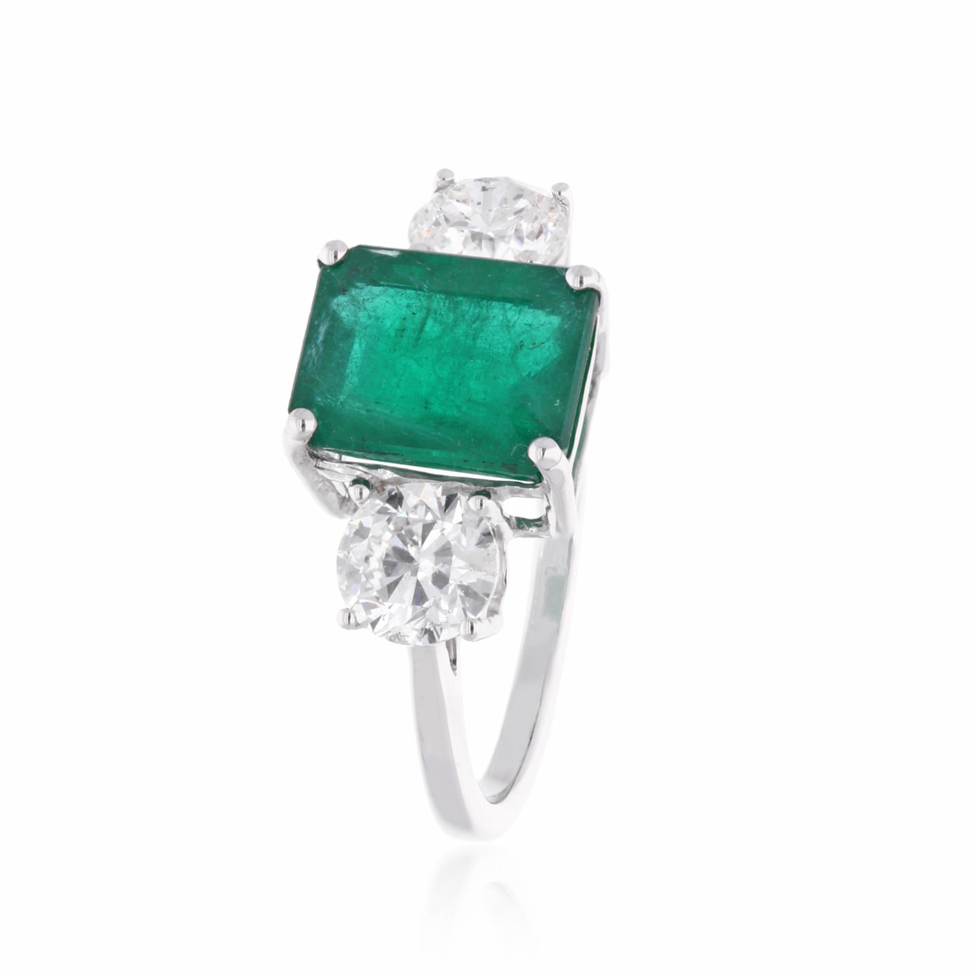 Emerald Cut Zambian Emerald Gemstone Ring SI Clarity HI Color Diamond 18 Karat White Gold For Sale
