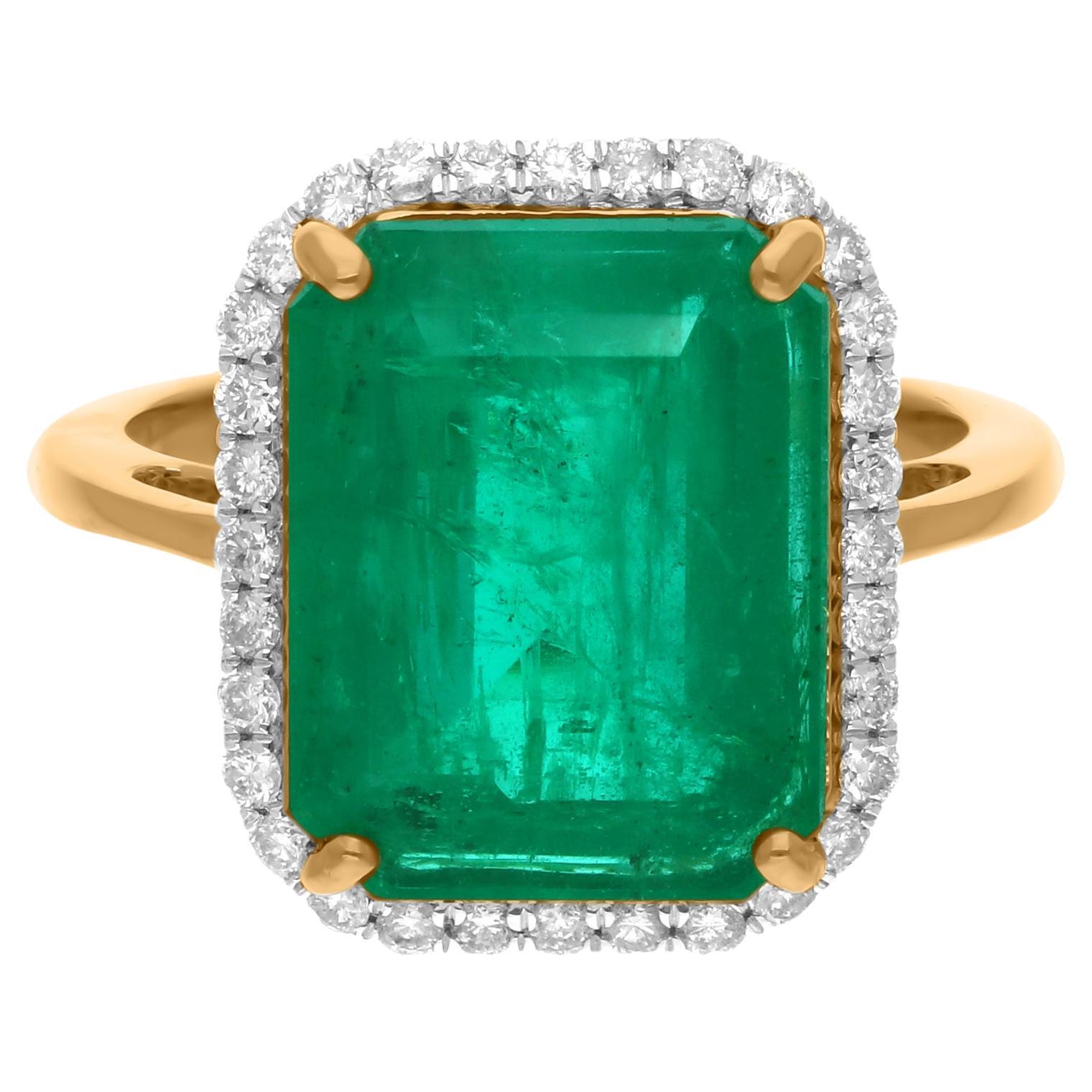Zambian Emerald Gemstone Ring SI Clarity HI Color Diamond 18 Karat Yellow Gold
