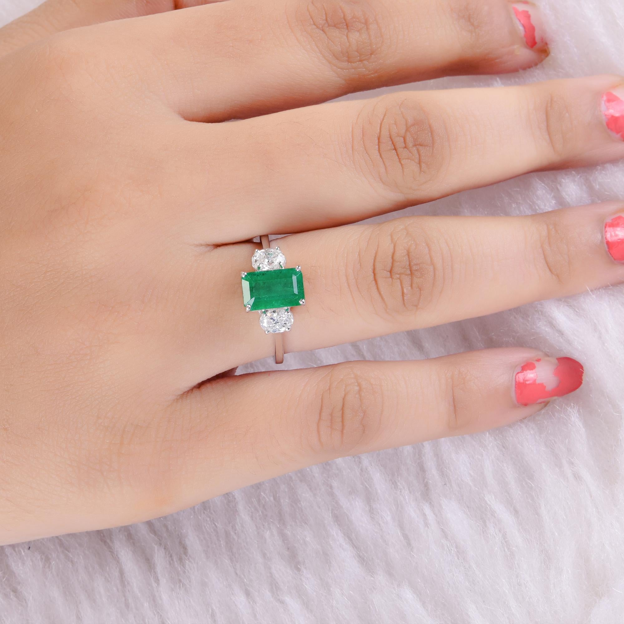 Emerald Cut Zambian Emerald Gemstone Ring SI/H Diamond 14 Karat White Gold Handmade Jewelry For Sale