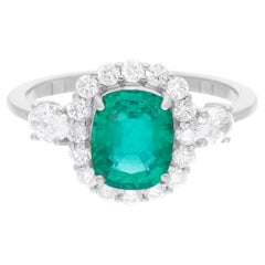 Zambian Emerald Gemstone Ring SI/H Diamond 14 Karat White Gold Handmade Jewelry
