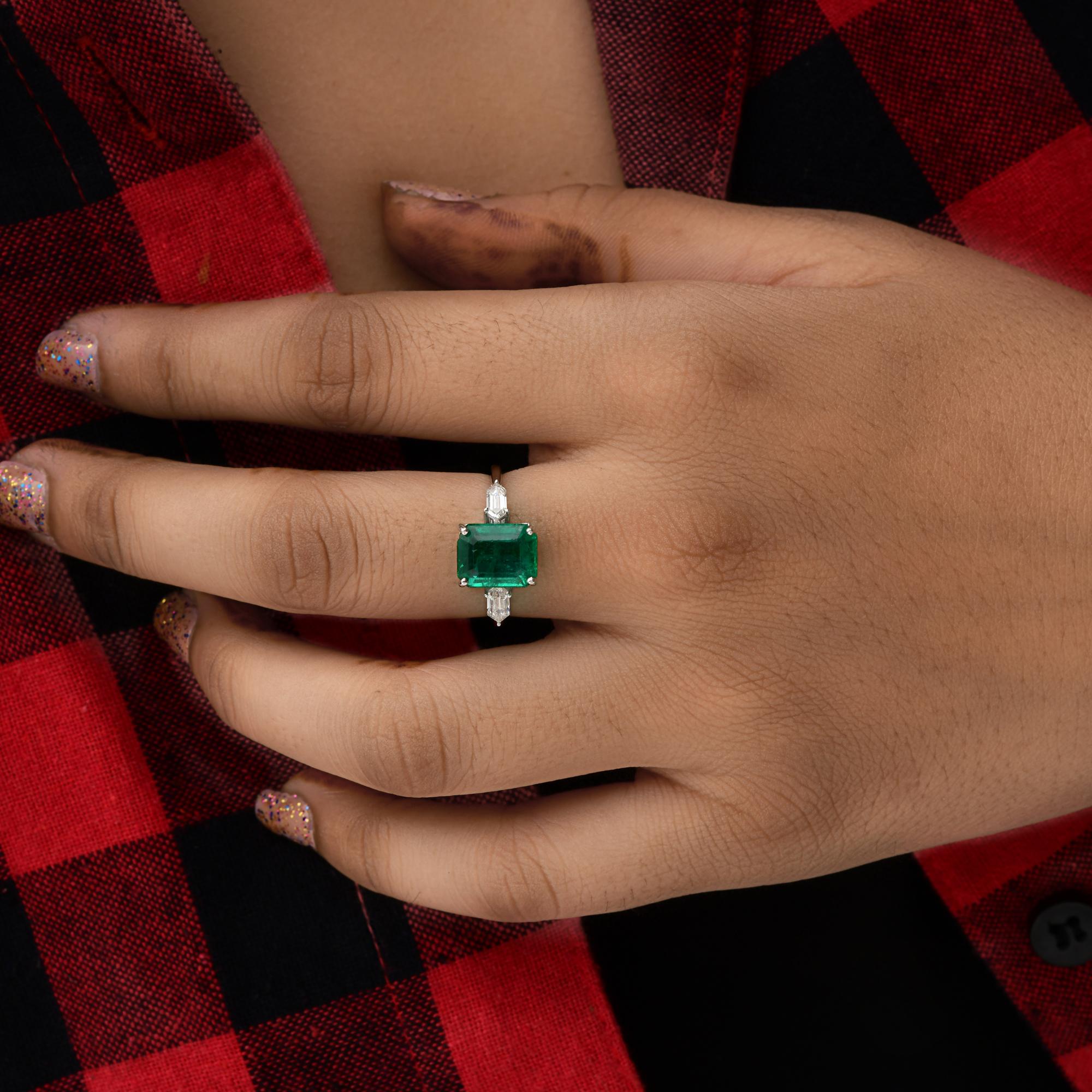 Emerald Cut Zambian Emerald Gemstone Ring SI/H Diamond 18 Karat White Gold Handmade Jewelry For Sale