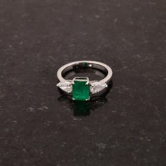 Zambian Emerald Gemstone Ring SI/HI Pear Diamond 14 Karat White Gold Jewelry