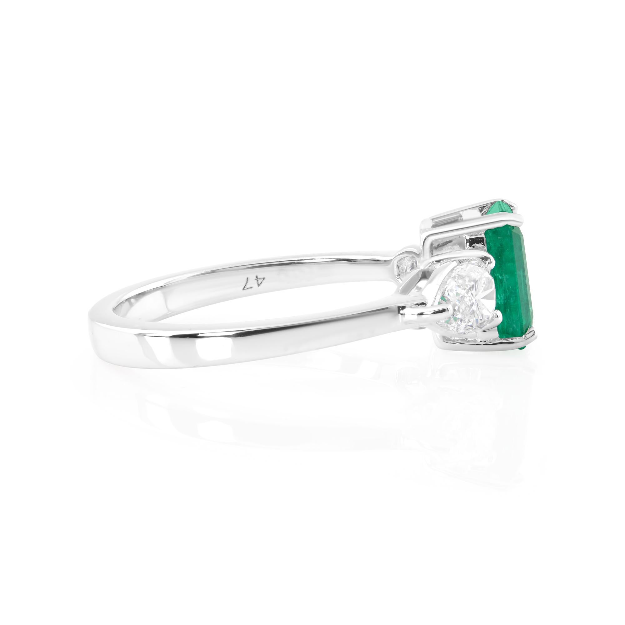 Emerald Cut Zambian Emerald Gemstone Ring SI/HI Pear Diamond 14 Karat White Gold Jewelry For Sale