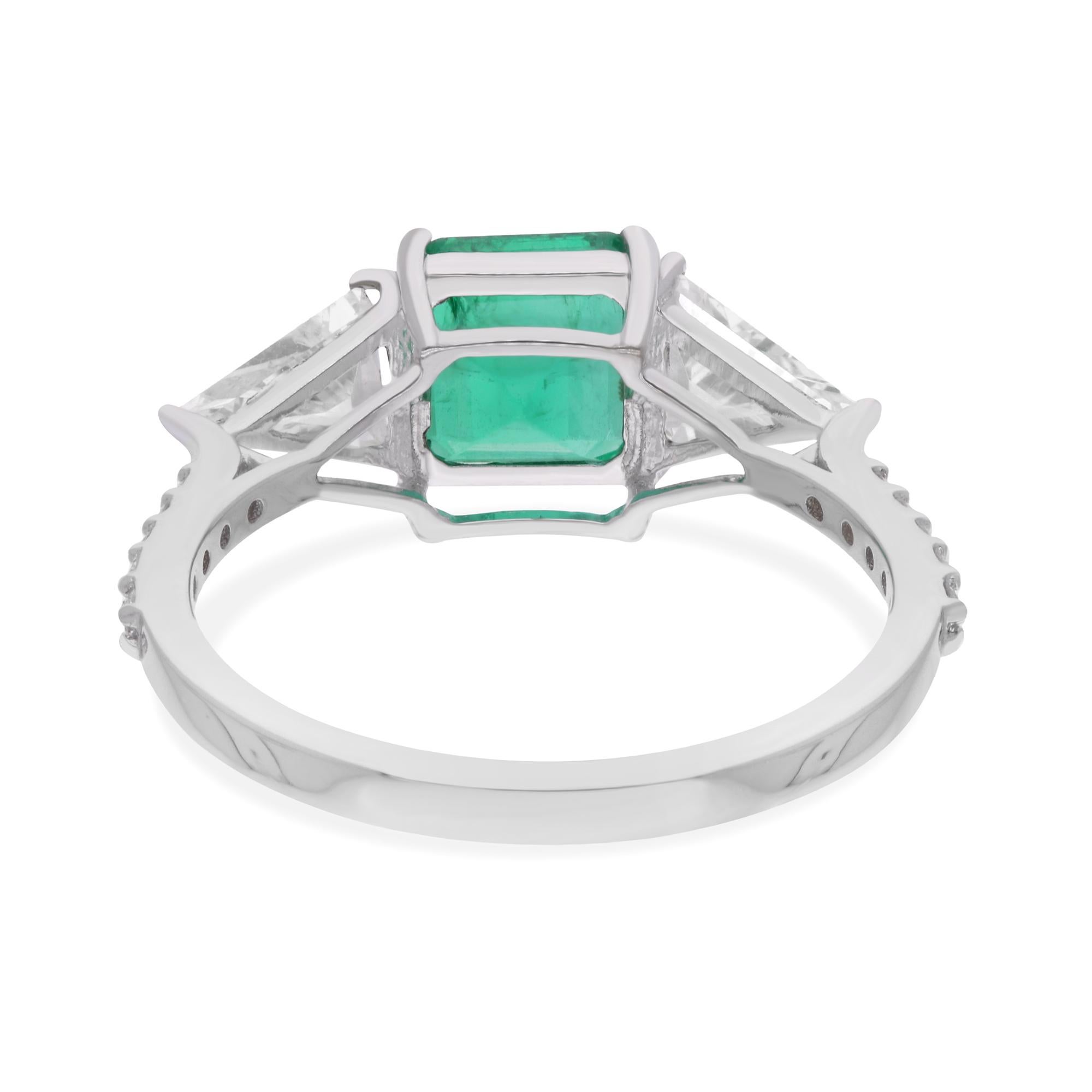 Modern Zambian Emerald Gemstone Ring Trillion Shape Diamond 14 Karat White Gold Jewelry For Sale