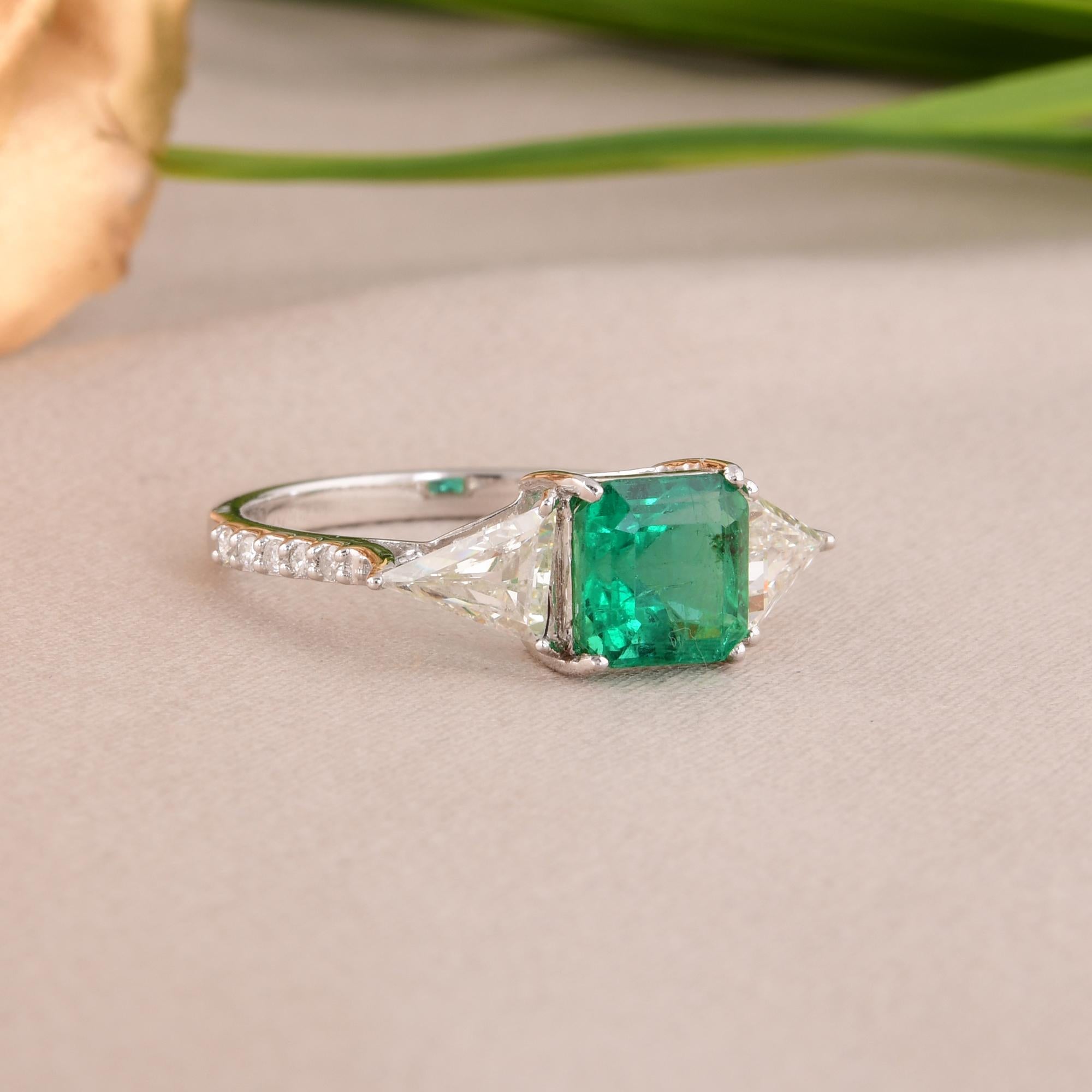 Trillion Cut Zambian Emerald Gemstone Ring Trillion Shape Diamond 18 Karat White Gold Jewelry For Sale
