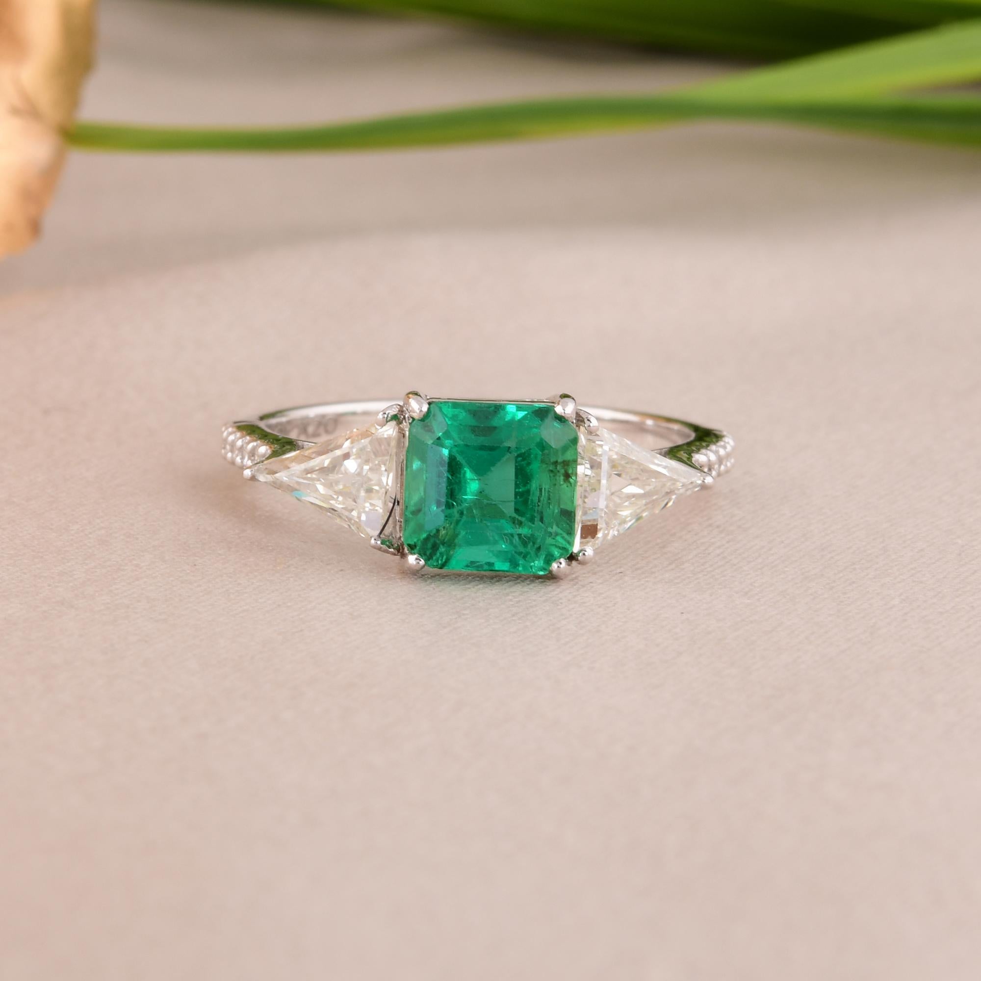 Women's Zambian Emerald Gemstone Ring Trillion Shape Diamond 18 Karat White Gold Jewelry For Sale