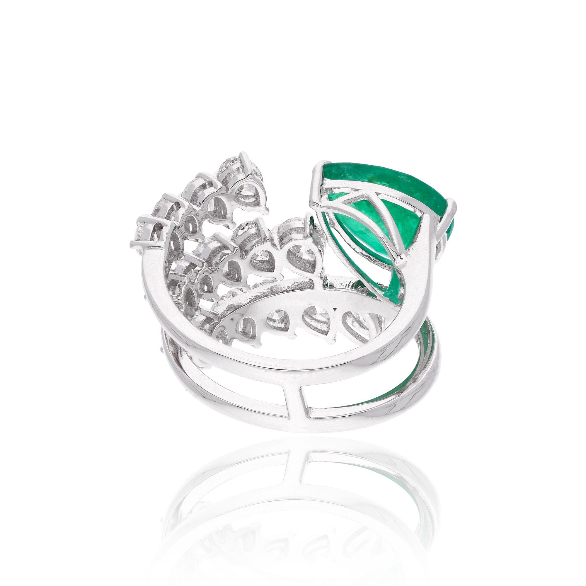 For Sale:  Zambian Emerald Gemstone Spiral Ring Oval Diamond 18 Karat White Gold Jewelry 2
