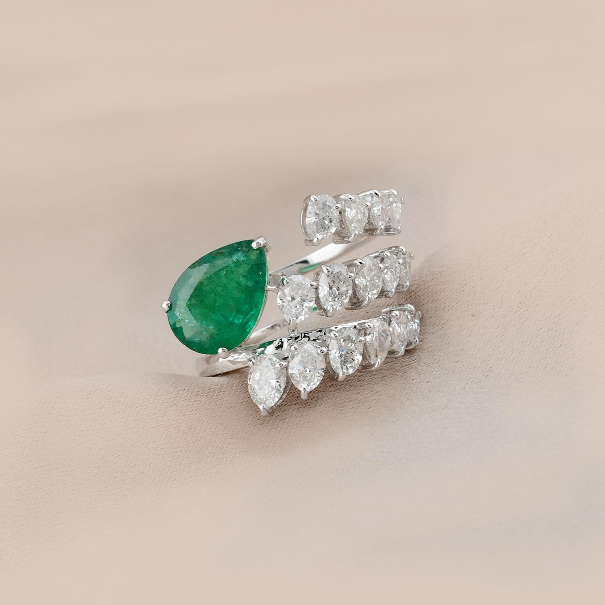 For Sale:  Zambian Emerald Gemstone Spiral Ring Oval Diamond 18 Karat White Gold Jewelry 4