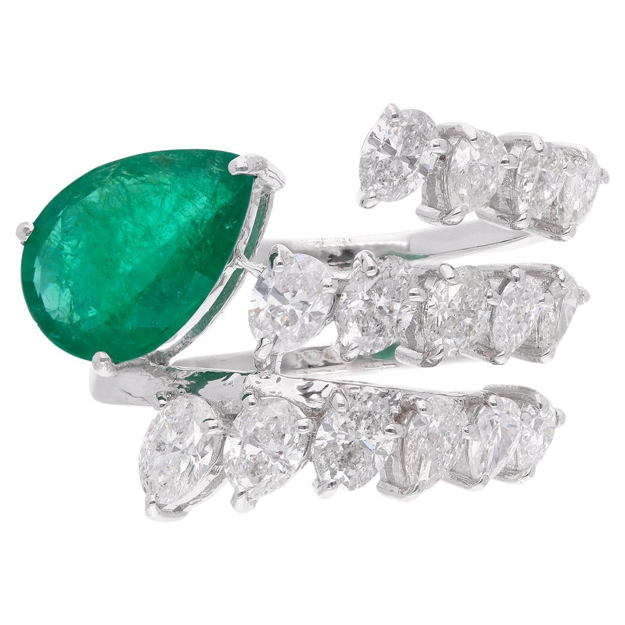 For Sale:  Zambian Emerald Gemstone Spiral Ring Oval Diamond 18 Karat White Gold Jewelry