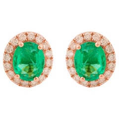 Natural Emerald Gemstone Stud Earrings Diamond 10 Karat Rose Gold Fine Jewelry