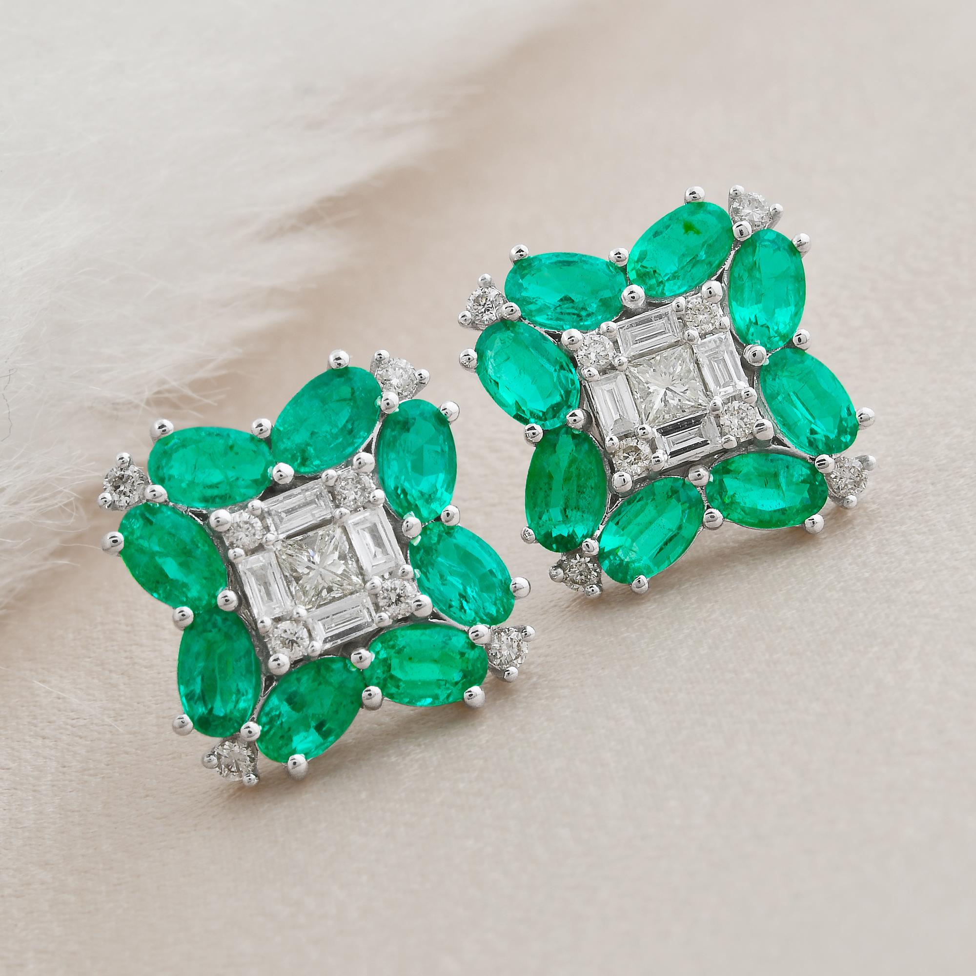 Modern Natural Emerald Gemstone Stud Earrings Diamond 10 Karat White Gold Fine Jewelry For Sale