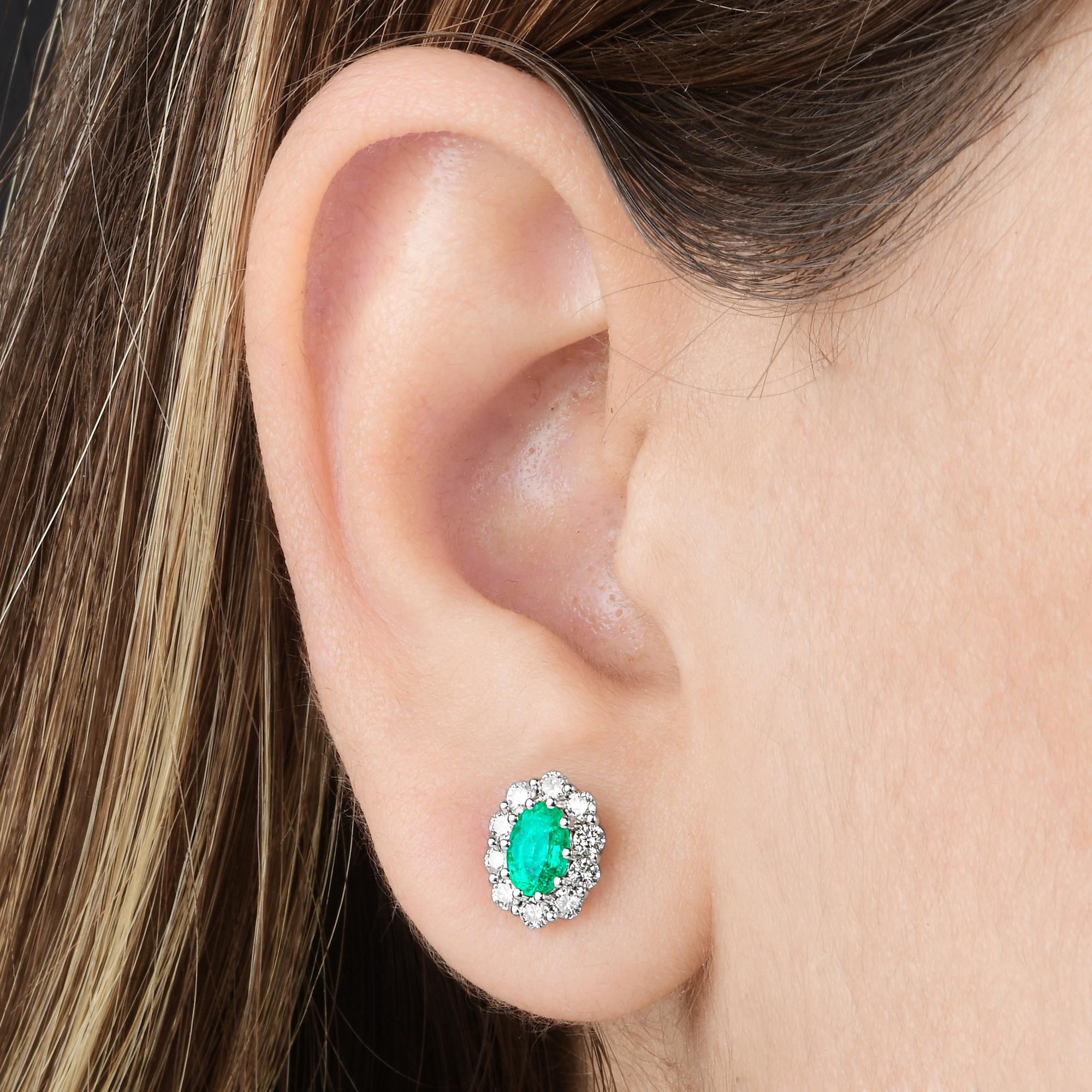 Modern Natural Emerald Gemstone Stud Earrings Diamond 10 Karat White Gold Fine Jewelry For Sale