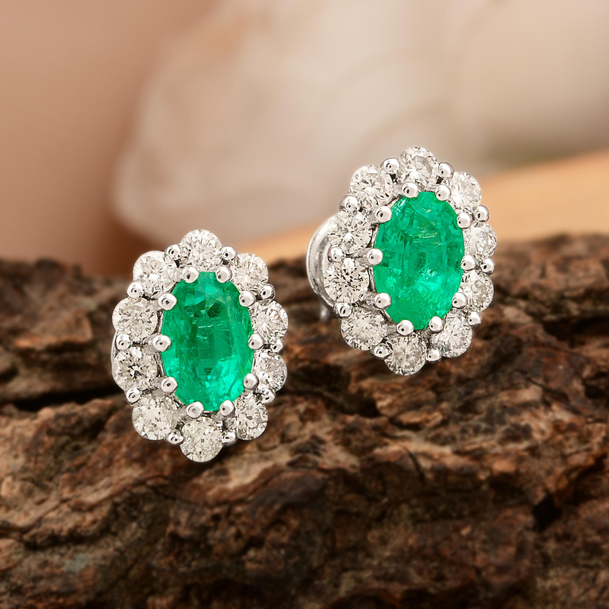 Oval Cut Natural Emerald Gemstone Stud Earrings Diamond 10 Karat White Gold Fine Jewelry For Sale