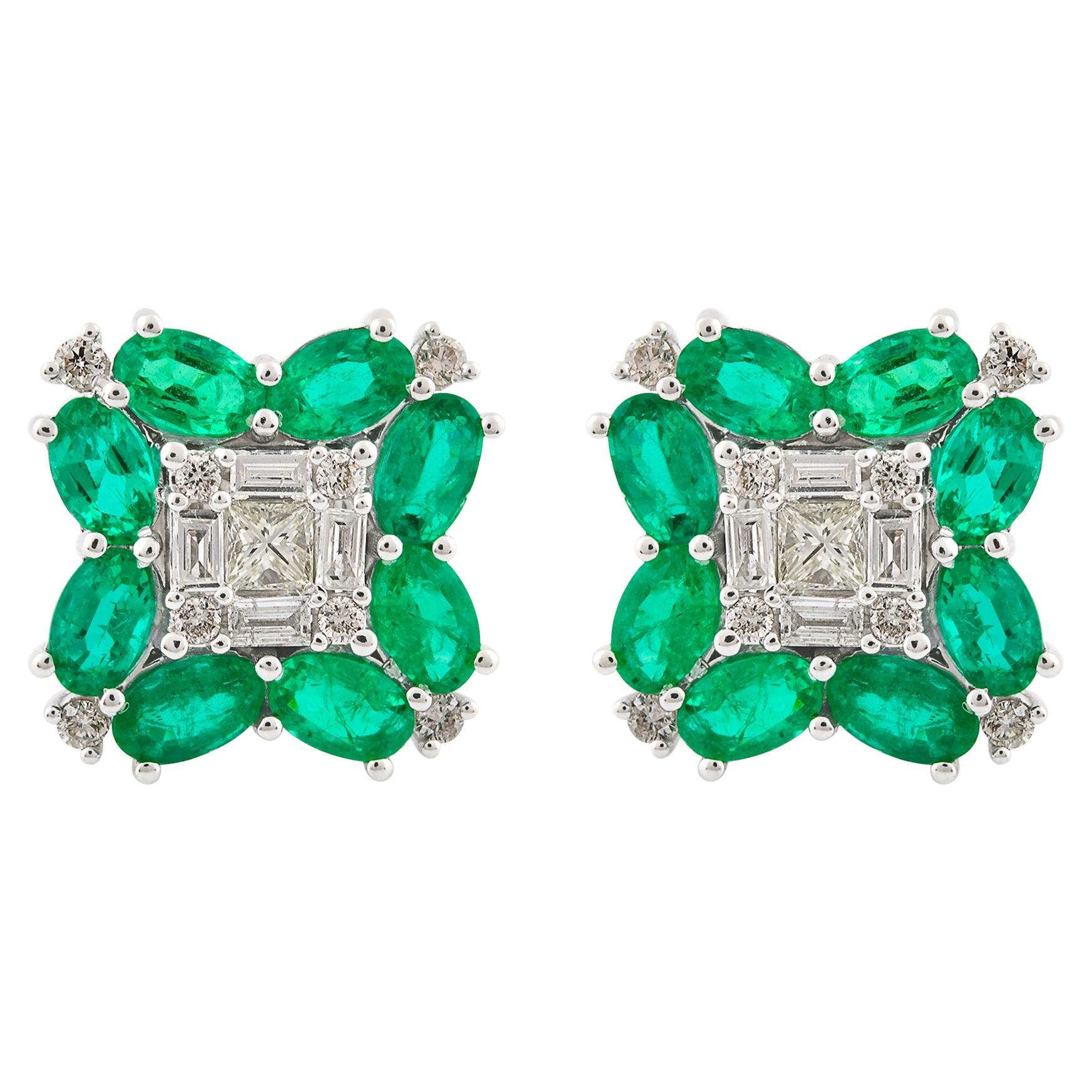 Natural Emerald Gemstone Stud Earrings Diamond 10 Karat White Gold Fine Jewelry For Sale