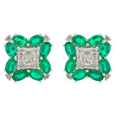 Natural Emerald Gemstone Stud Earrings Diamond 10 Karat White Gold Fine Jewelry