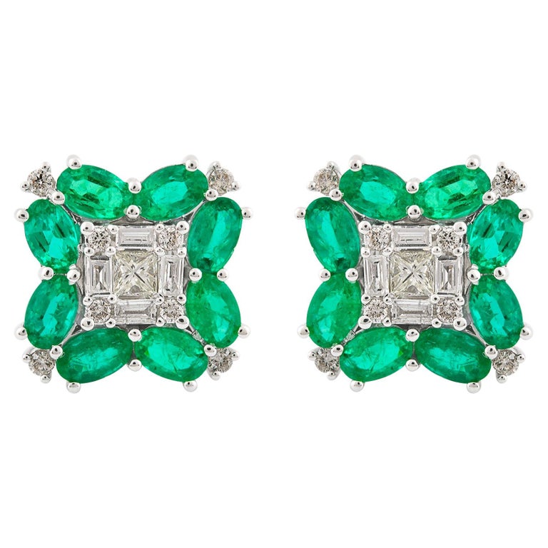 Natural Emerald Gemstone Stud Earrings Diamond 10 Karat White Gold Fine ...