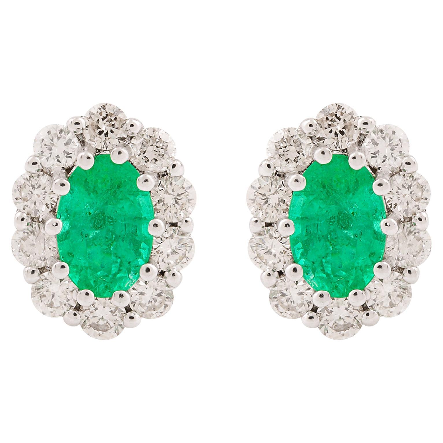 Natural Emerald Gemstone Stud Earrings Diamond 10 Karat White Gold Fine Jewelry