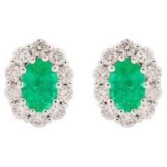 Natural Emerald Gemstone Stud Earrings Diamond 10 Karat White Gold Fine Jewelry