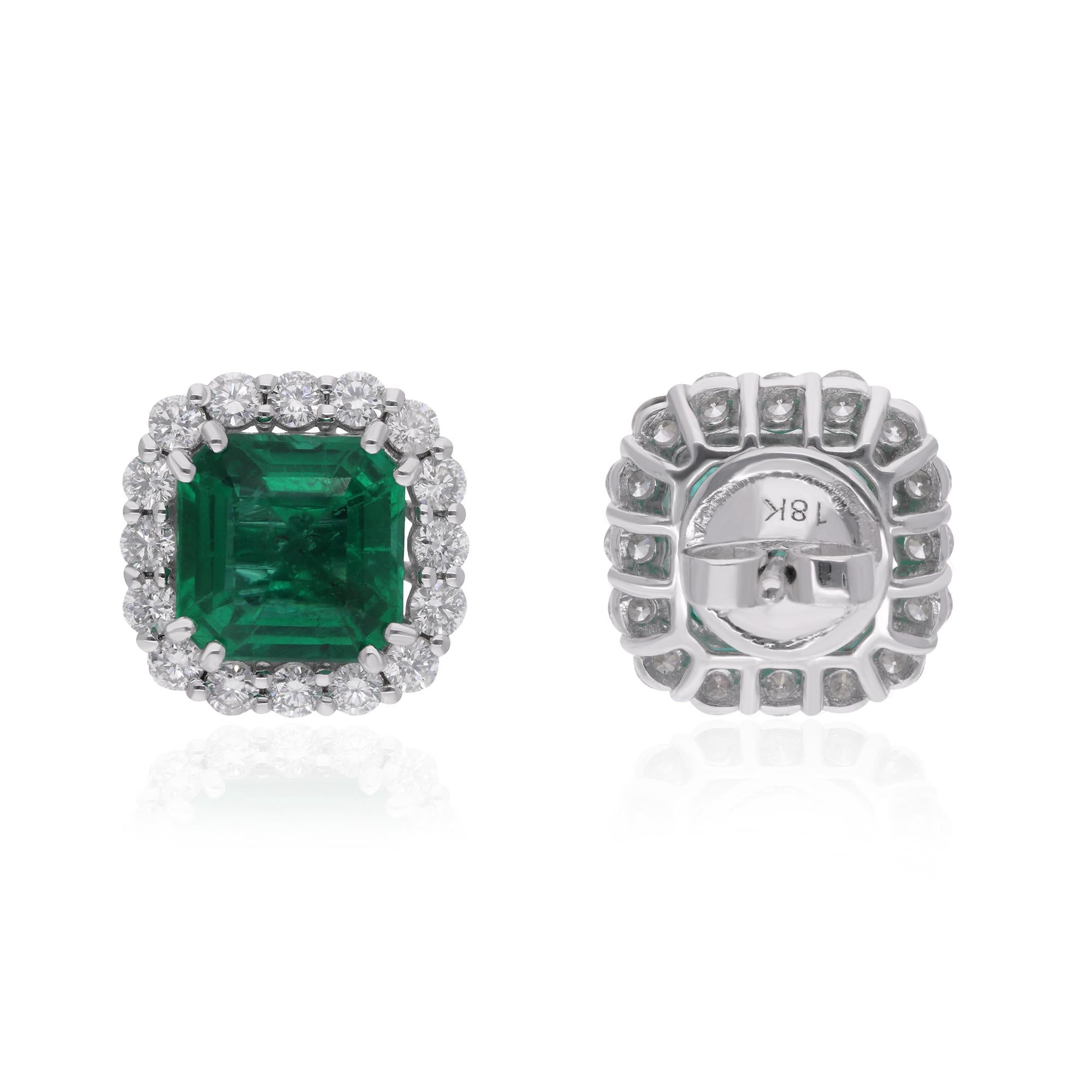 Immerse yourself in the timeless allure of these exquisite Zambian Emerald Gemstone Stud Earrings, adorned with dazzling diamonds and meticulously crafted in 14 karat white gold. Each element of these earrings exudes sophistication and refinement,