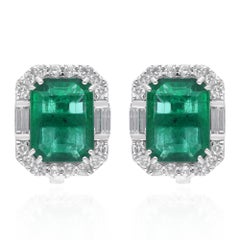 Boucles d
oreilles pierres précieuses émeraude de Zambie Diamant Or blanc 14 carats Bijoux fins