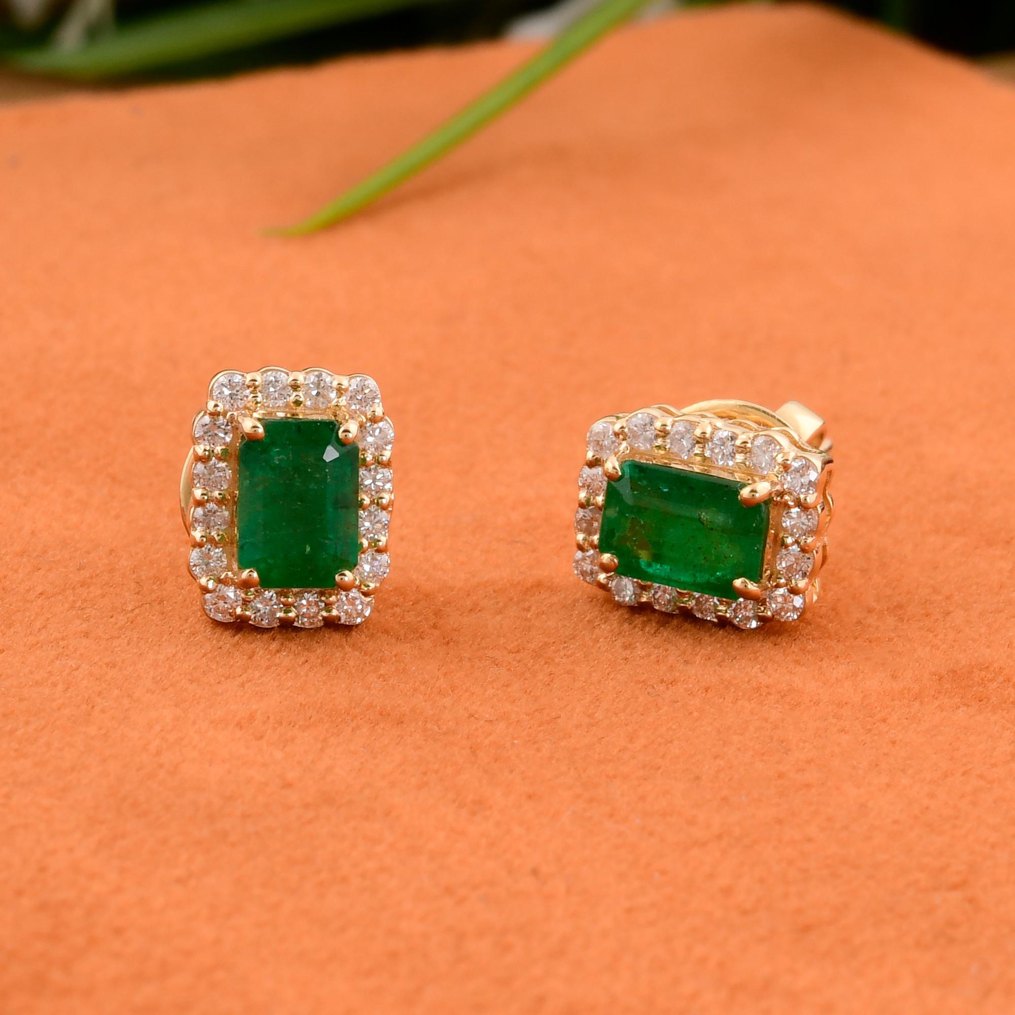 Modern Real Zambian Emerald Gemstone Stud Earrings Diamond 14 Karat White Gold Jewelry For Sale