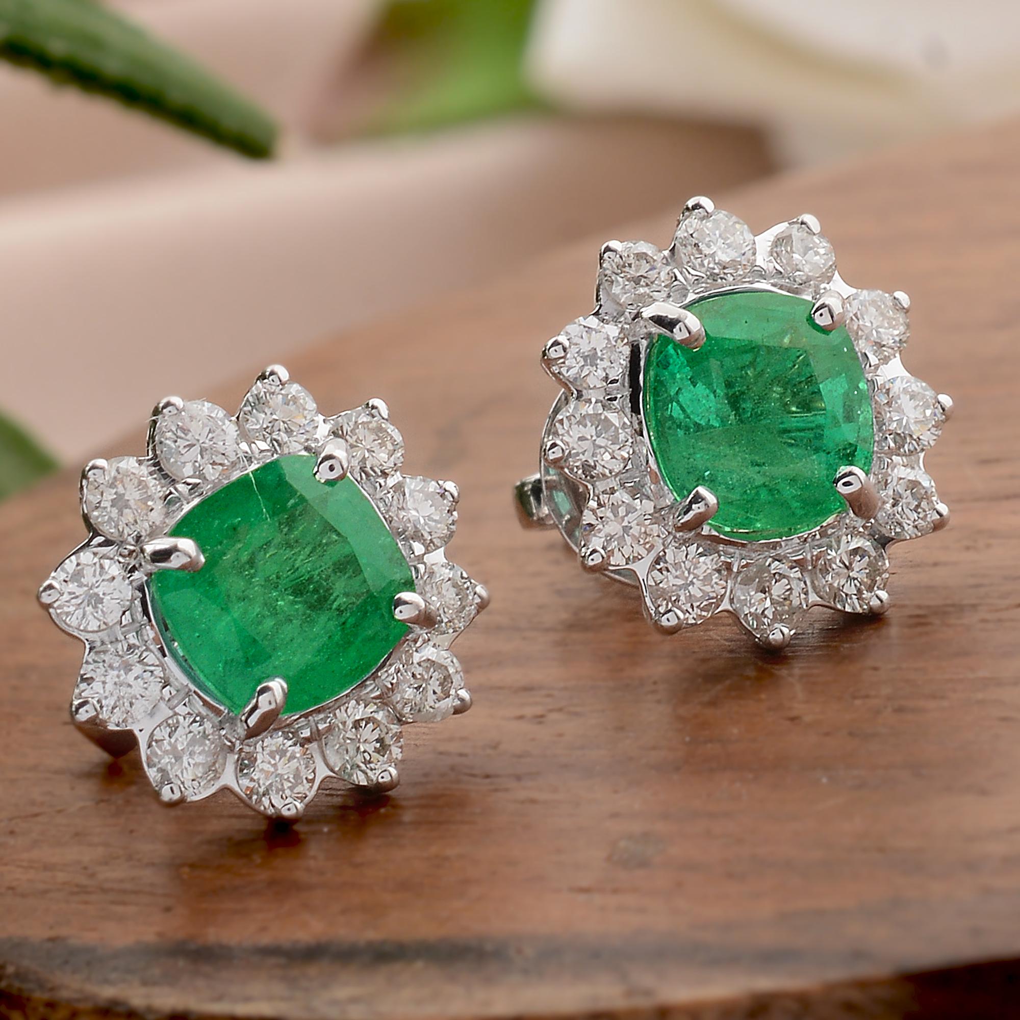 Modern Zambian Emerald Gemstone Stud Earrings Diamond 14 Karat White Gold Fine Jewelry For Sale