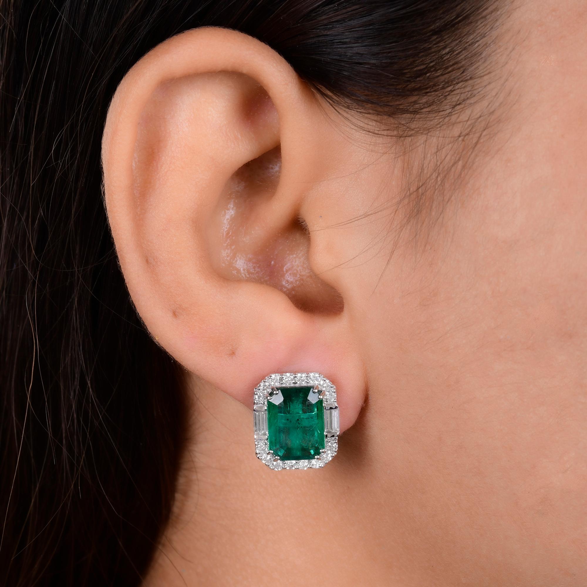 Modern Zambian Emerald Gemstone Stud Earrings Diamond 14 Karat White Gold Fine Jewelry For Sale
