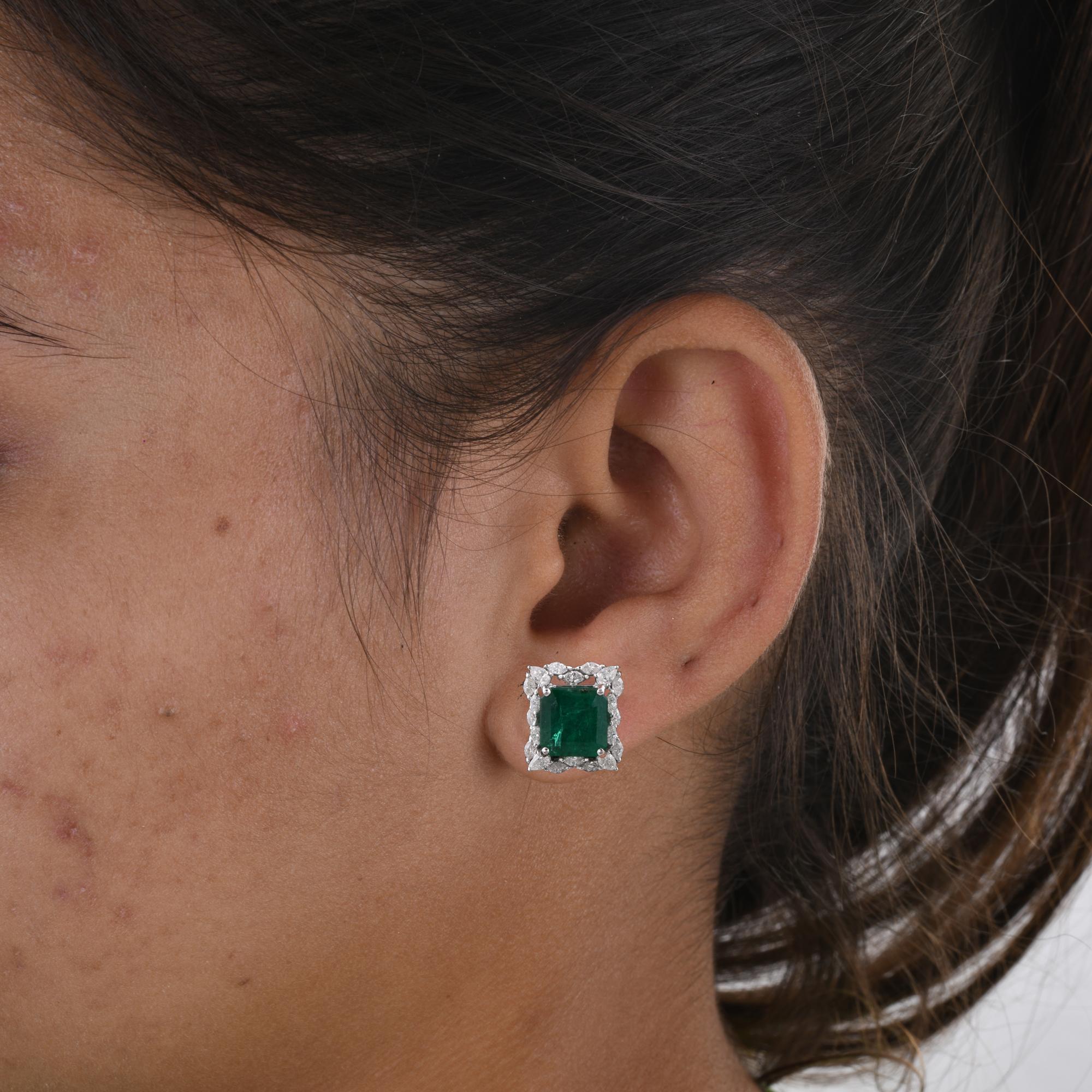 Modern Zambian Emerald Gemstone Stud Earrings Diamond 14 Karat White Gold Fine Jewelry For Sale