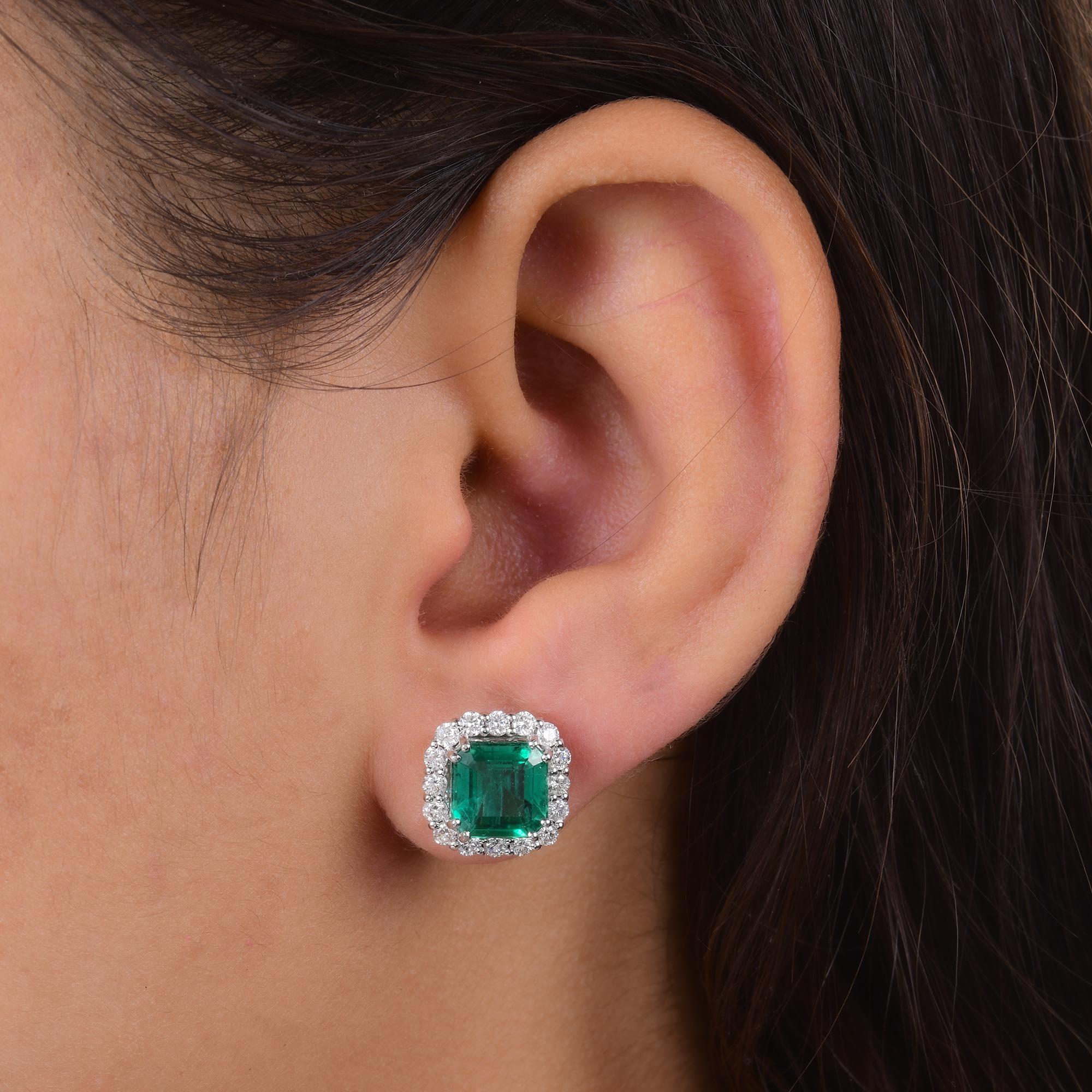 Emerald Cut Zambian Emerald Gemstone Stud Earrings Diamond 14 Karat White Gold Fine Jewelry For Sale