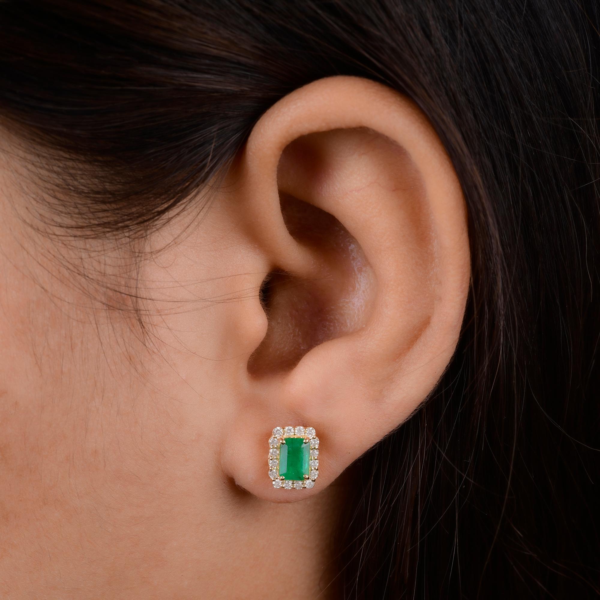 Emerald Cut Real Zambian Emerald Gemstone Stud Earrings Diamond 14 Karat White Gold Jewelry For Sale
