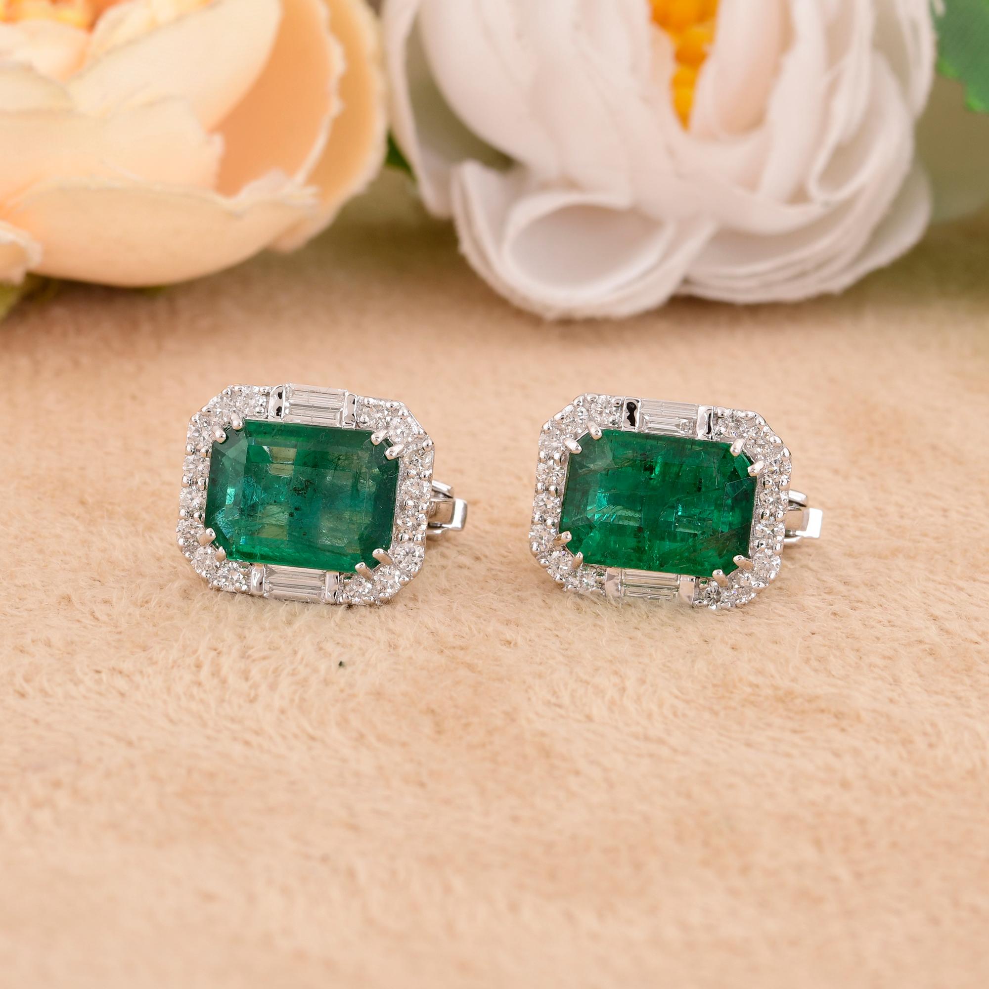 Emerald Cut Zambian Emerald Gemstone Stud Earrings Diamond 14 Karat White Gold Fine Jewelry For Sale
