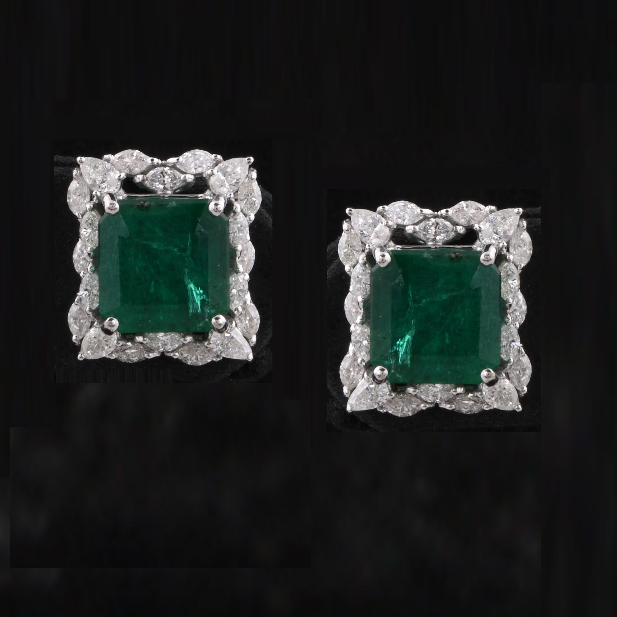 Emerald Cut Zambian Emerald Gemstone Stud Earrings Diamond 14 Karat White Gold Fine Jewelry For Sale