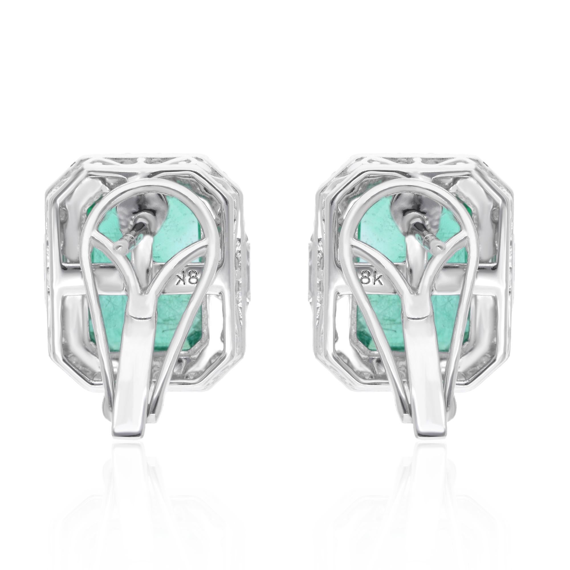 Zambian Emerald Gemstone Stud Earrings Diamond 14 Karat White Gold Fine Jewelry In New Condition For Sale In Diera, Dubai