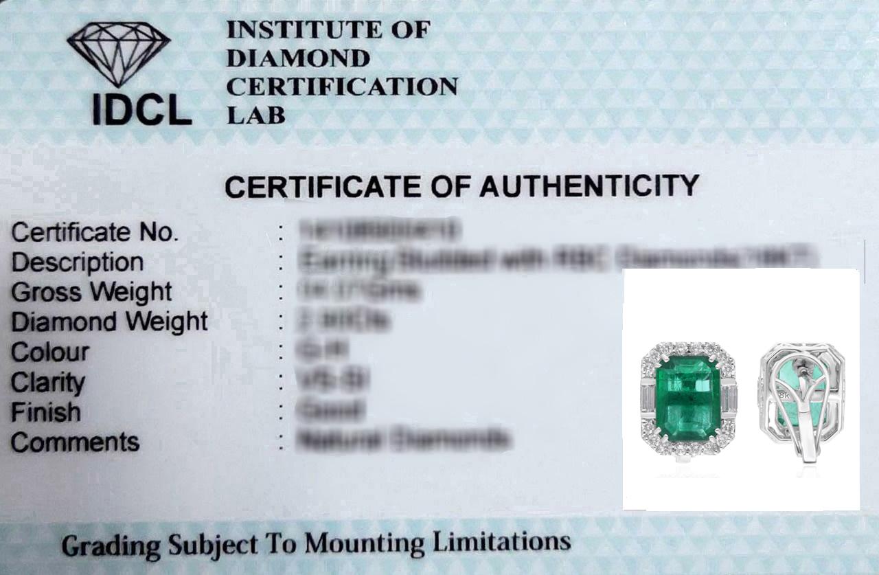 Women's Zambian Emerald Gemstone Stud Earrings Diamond 14 Karat White Gold Fine Jewelry For Sale